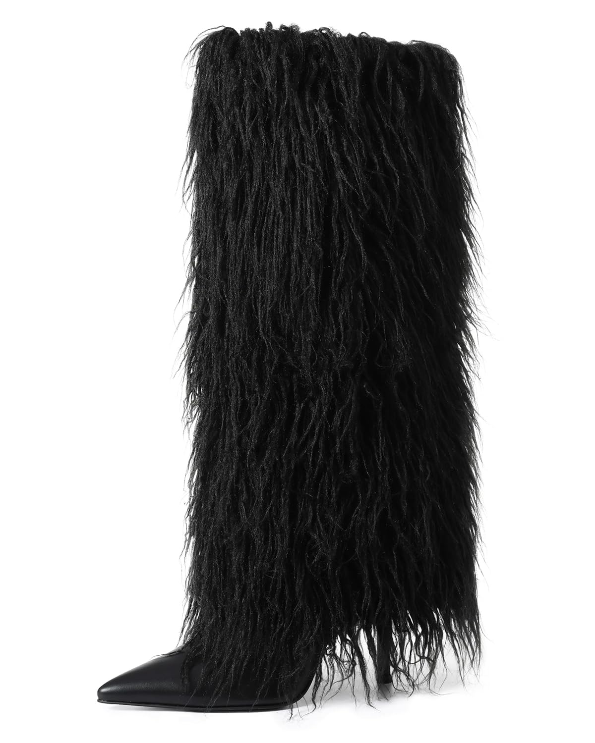 Womens Furry Boots Knee High Fold Over Tall Boot Wide Calf Pointed Toe Stiletto High Heel Fall Winter