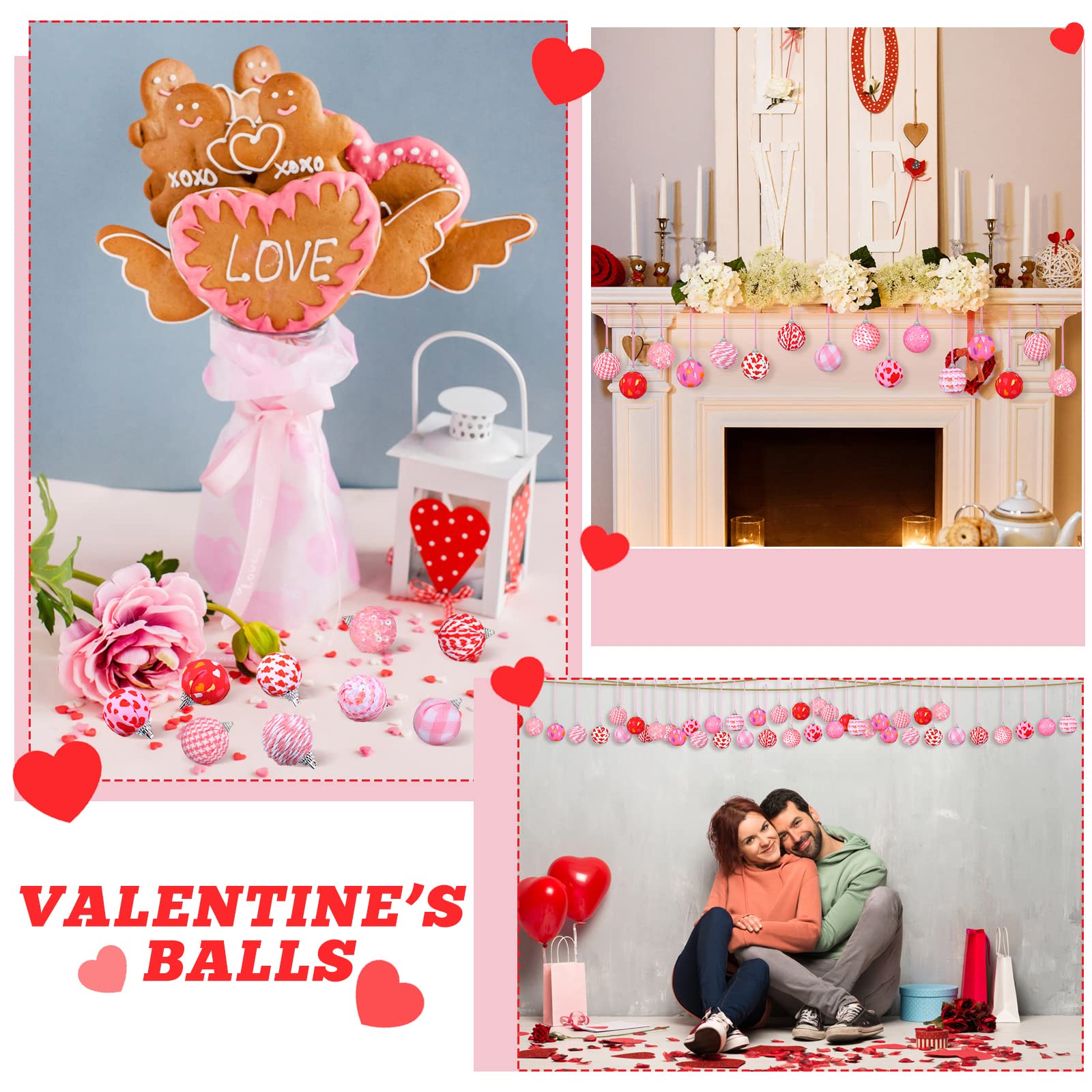 24 bolas de San Valentín adornos para árbol de 30 mm colgantes con purpurina rústica para decoración de fiesta de San Valentín (rosa, blanco, estilo romántico)