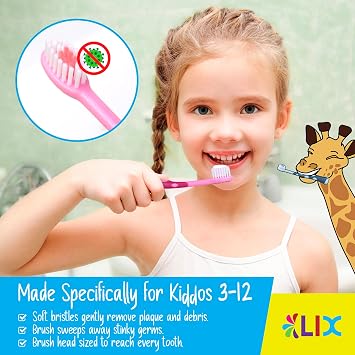 55Dental Kids Toothbrush Set of 8 Soft Giraffe Toothbrush for Kids 3-12, a Fun Childrens Toothbrush Bulk Pack with Bristle Cover, Easy-Grip Self-Standing Kid Toothbrush by Lix