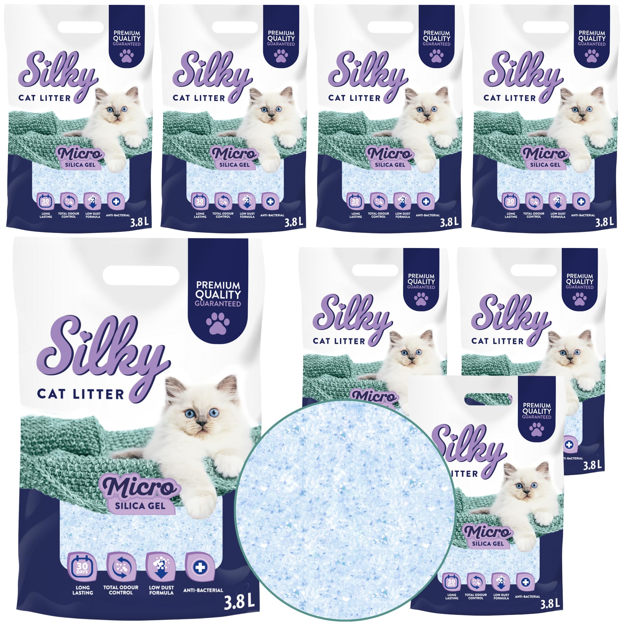Silky Mikro Silikat-Katzenstreu 3,8L | 30,4L Satz | Staubfrei, Geruchskontrolle, Saugfähig, Bakterienhemmend, Sanft zu Pfoten, Lang anhaltende Frische, Silica |8er-Pack