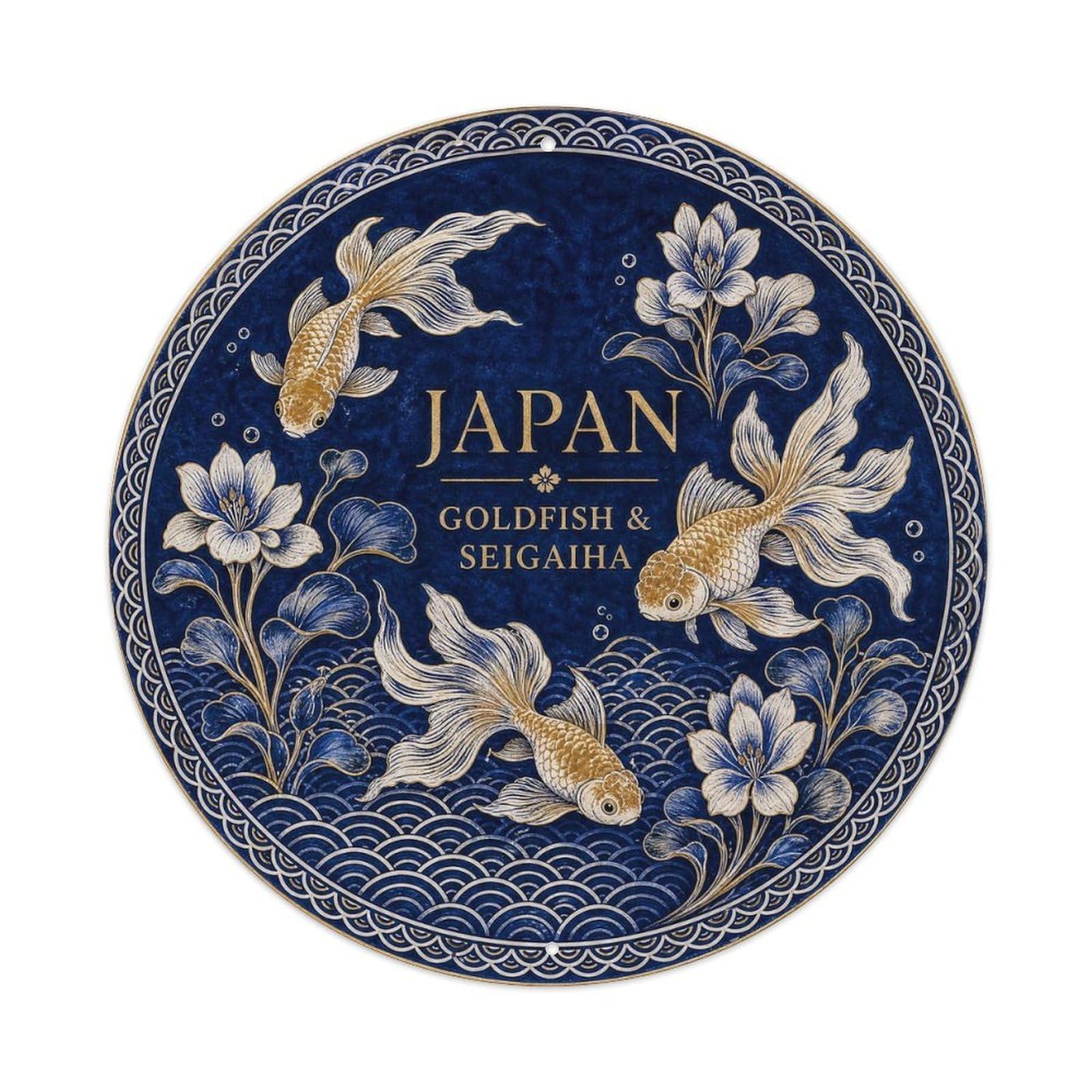 Olyhtr 8X8inch Classic Style Arita Japan Goldfish Seigaiha Ceramic Folk Pattern Metal Tin Sign