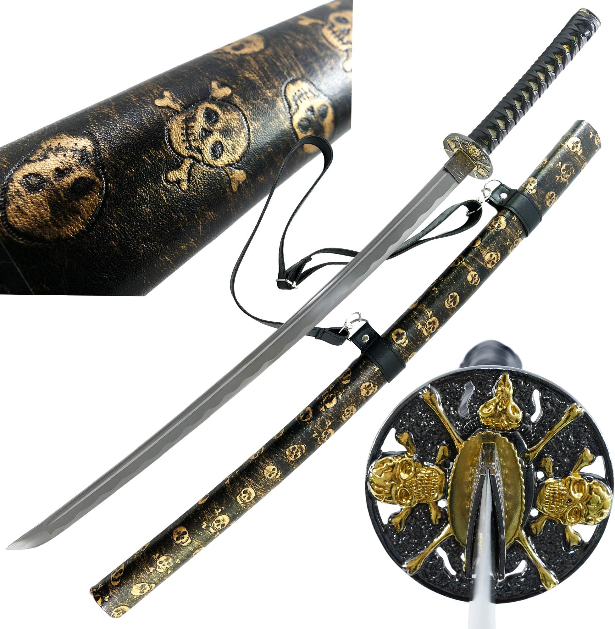 MAKOTO Handmade Gold Skull Black Sharp Katana Samurai Sword 40", Golden Embossed Leatherette Wrapped Scabbard, Shoulder Straps