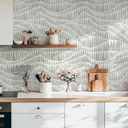 Miniatura 5 de WENMER Papel tapiz verde moderno a rayas, 17.3 x 118 pulgadas, papel de contacto geométrico moderno, bohemio, extraíble, verde y blanco, para