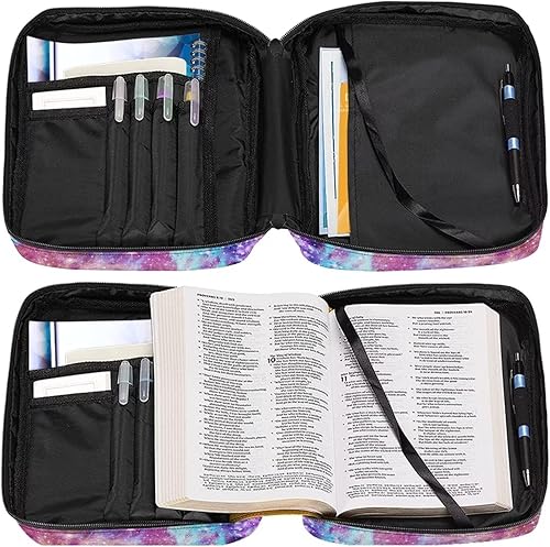 Miniatura 7 de Suobstales Fundas para la Biblia Galaxy para mujeres y hombres, funda de la Biblia con asa y bolsillo con cremallera, funda de transporte para
