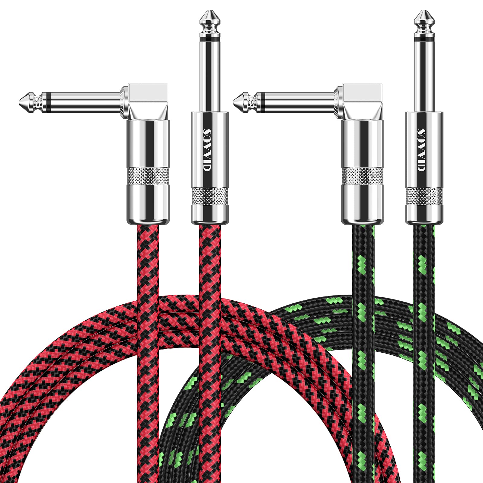 Sovvid Guitar Cable 10FT 2 Pack Instrument Cord Electric Guitar AMP Cord for Bass Guitar Keyboard 1/4 Inch Cable Right Angle Green and Red
