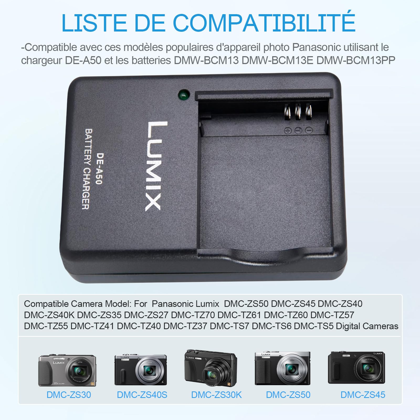 DE-A50 DMW-BCM13E Chargeur de Batterie Compatible avec Panasonic Lumix DC-TS7,DMC-FT5A,LZ40,TS5,TS6,TZ37,TZ40,TZ41,TZ55,TZ60,DMC-ZS27,DMC-ZS30,DMC-ZS35,DMC-ZS40,DMC-ZS45,DMC-ZS50 Appareil Photo