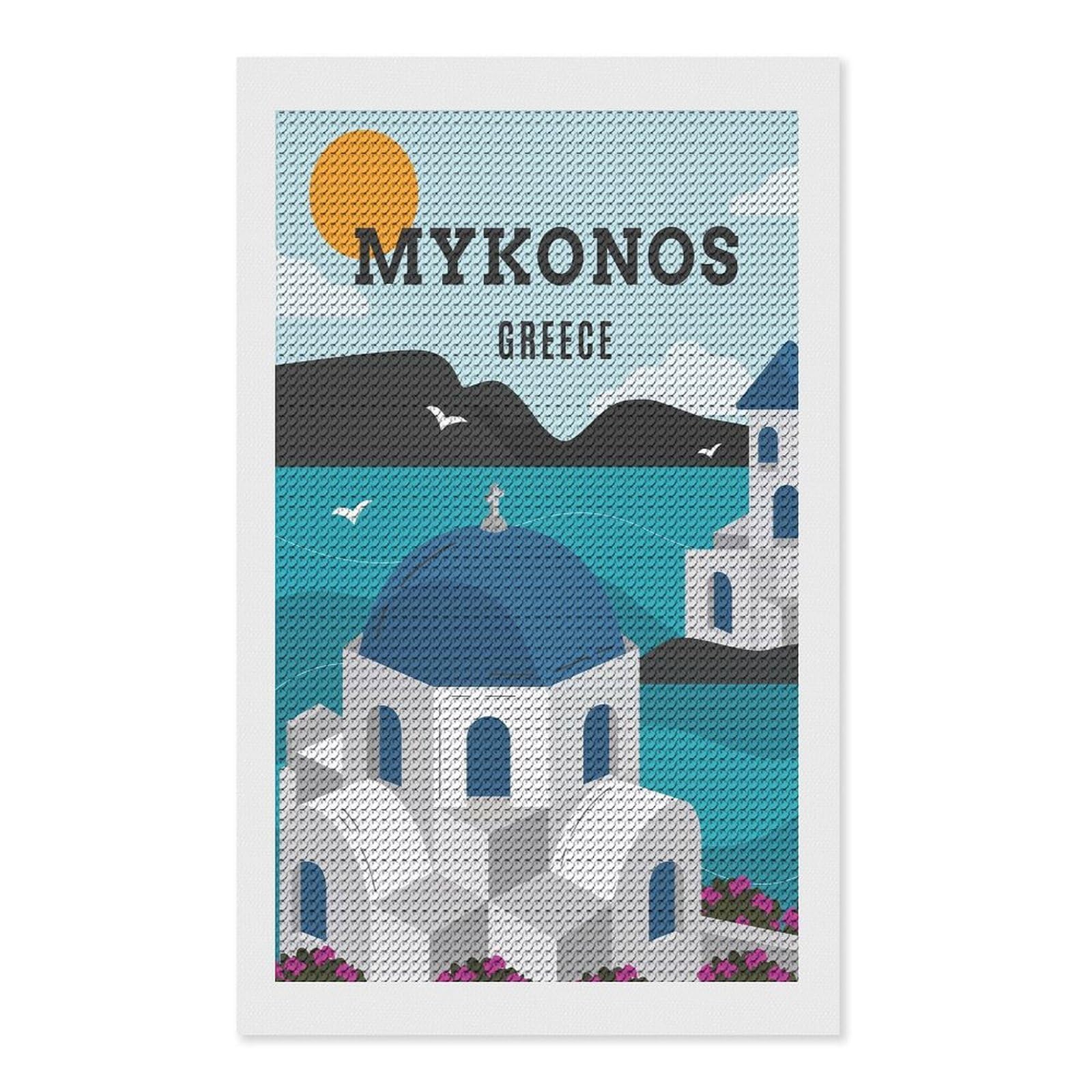Junmoney Mykonos Greece DIY Diamond Art Canvas Kit 12"x20", Complete Accessories, Creative Leisure Activity, Home Wall Decor, Gift Idea