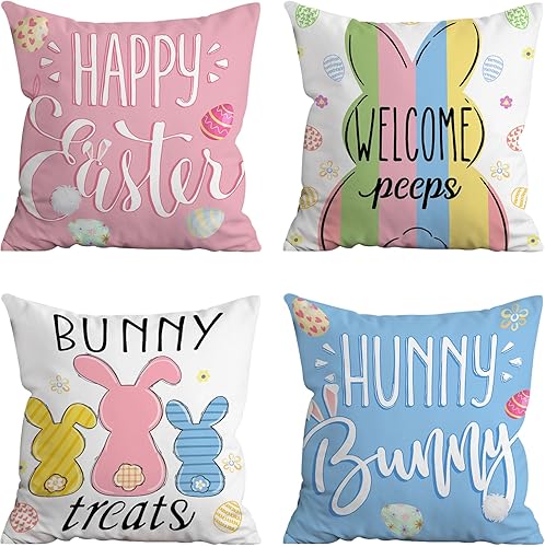 Miniatura 1 de Hexagram Juego de 4 fundas de almohada de Pascua de 16 x 16 pulgadas, decoraciones de Pascua, fundas de almohada decorativas de conejo