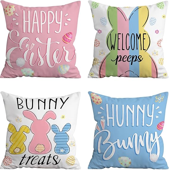 Hexagram Easter Pillow Covers 18x18 Set of 4 Bunny Buffalo Plaid Decor