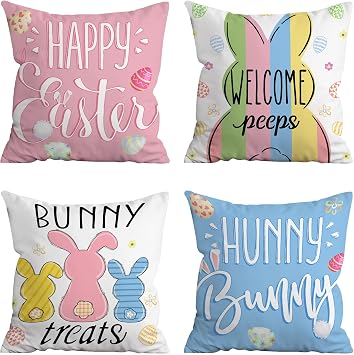 Hexagram Easter Pillow Covers 16x16, Yellow Pink Peeps Decorations for Home, Blue Bunny Covers Set of 4 for Couch Sofa Living Room, Farmhouse Spring Decor