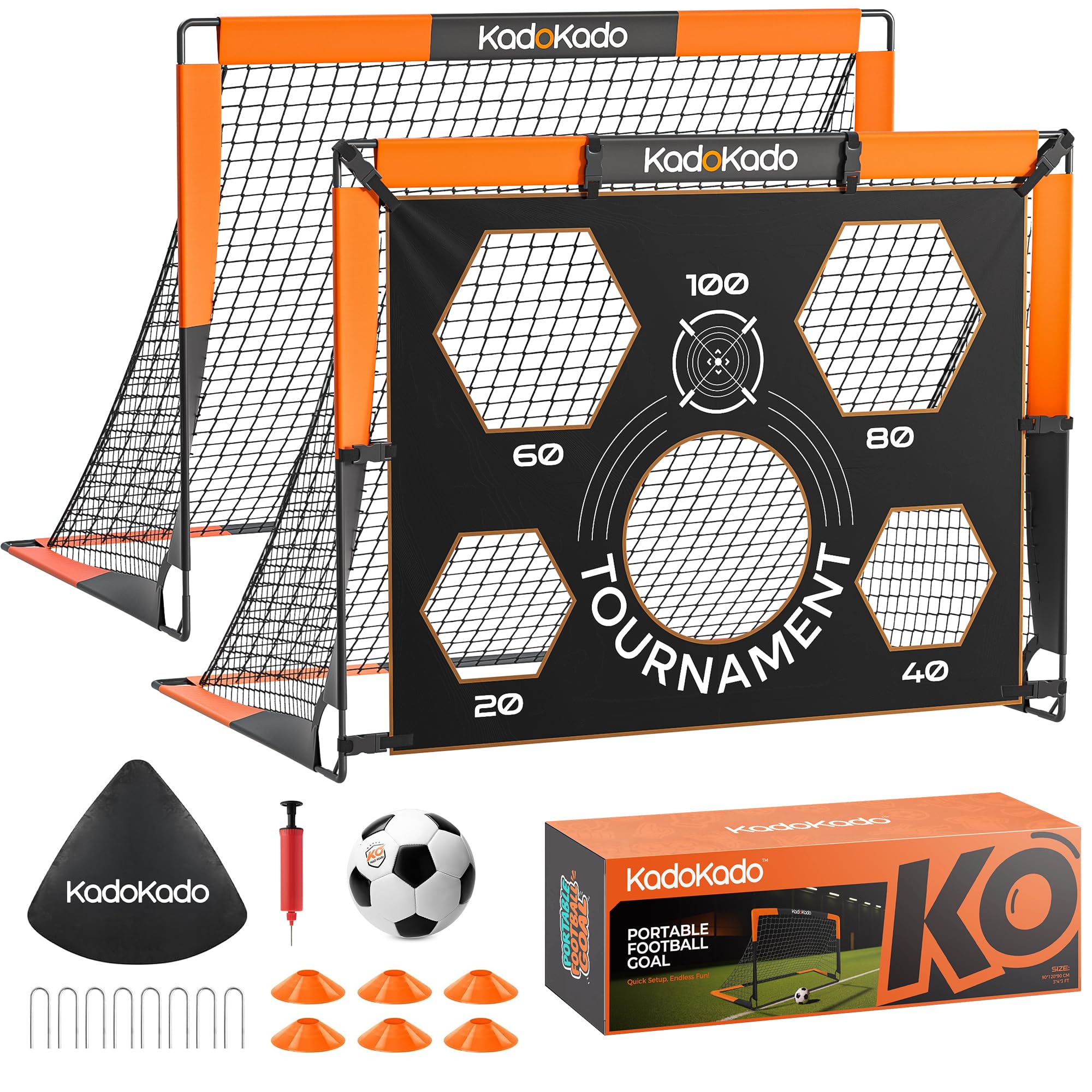 KadoKado Kids Football Goal Set 4x3ft – Foldable Soccer Net with Size 3 Football, Target Cloth, Cones & Pump,for Ages 4-10 Garden & Outdoor Play – 2pack G210DP