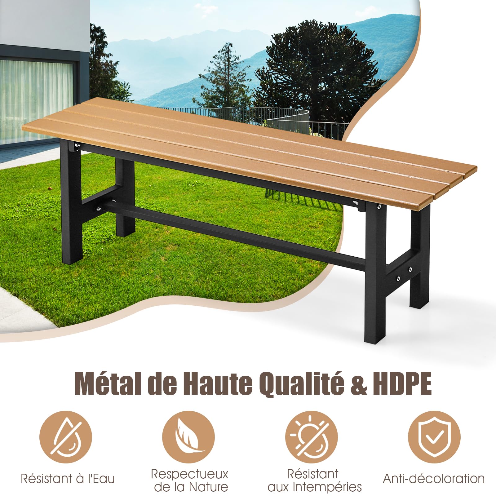 COSTWAY Banc de Jardin en HDPE et Cadre Métallique, Banc de Terrasse sans Dossier avec Assise à Lattes, Charge 300KG, 2 Places, pour Jardin, Terrasse, Cour, 120 x 36 x 40,5 cm (Marron)