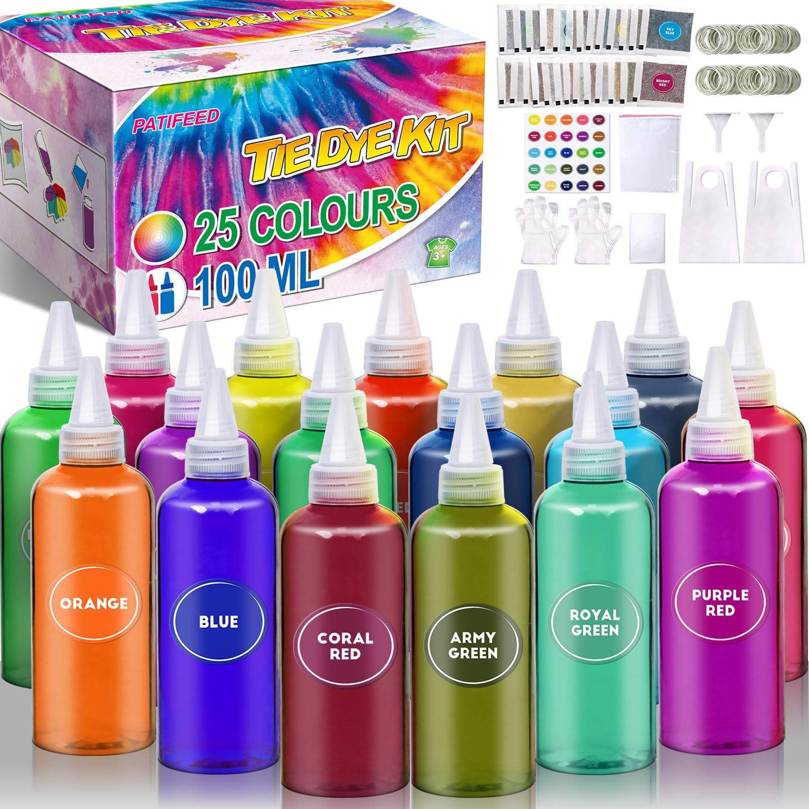 Tie Dye Kit - PATIFEED 3.4oz 25 Colours Tie Dye Kits for Kids, Non-Toxic Tye Dye Kit for Large Groups, Fabric Dye Supplies for Adults, Handmade Party
