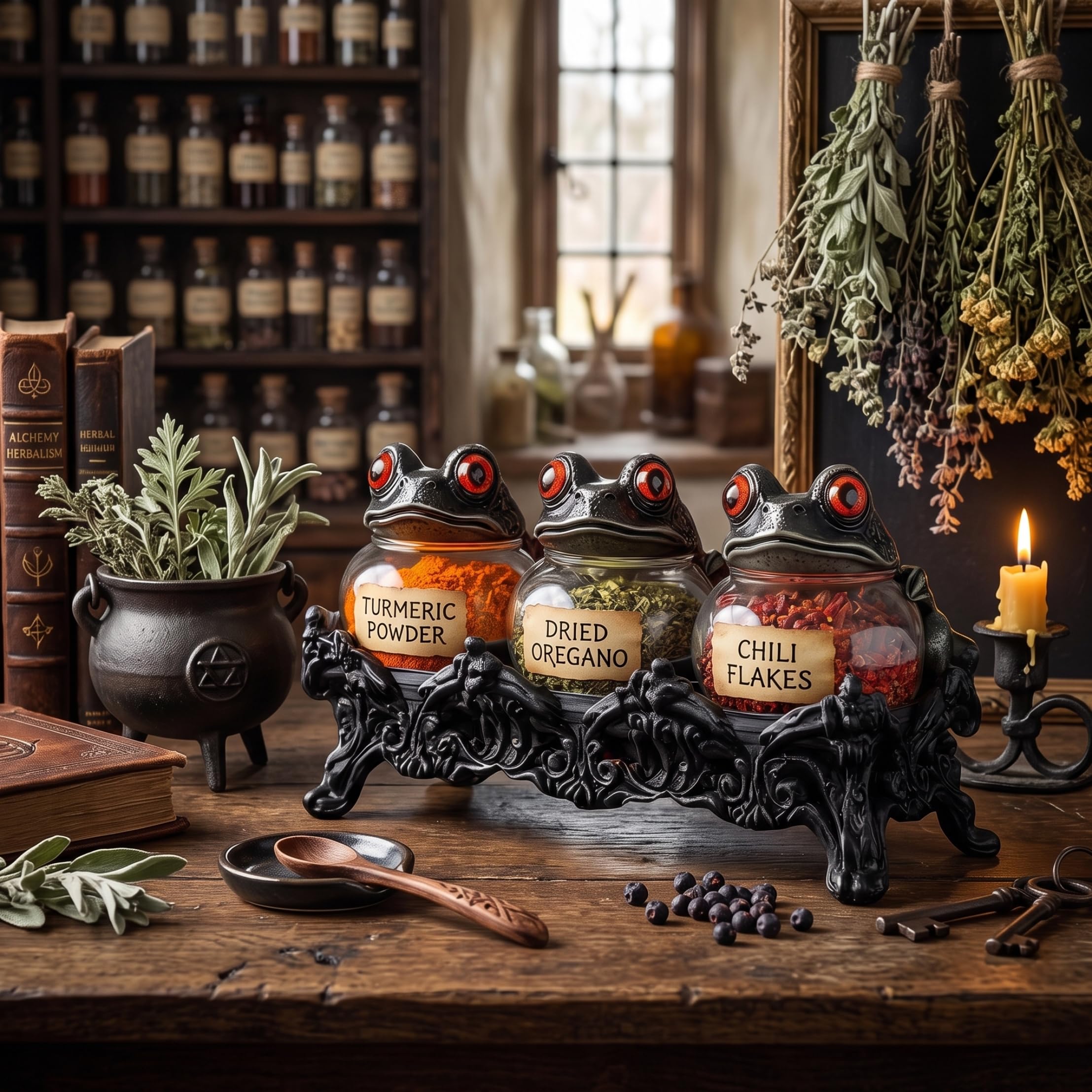Faticenic Apothecary Jars With Lids, Vintage Witchy Frog Spice Jars For Spices, Herbs & Tea, Black + Transparent, Vintage Spice