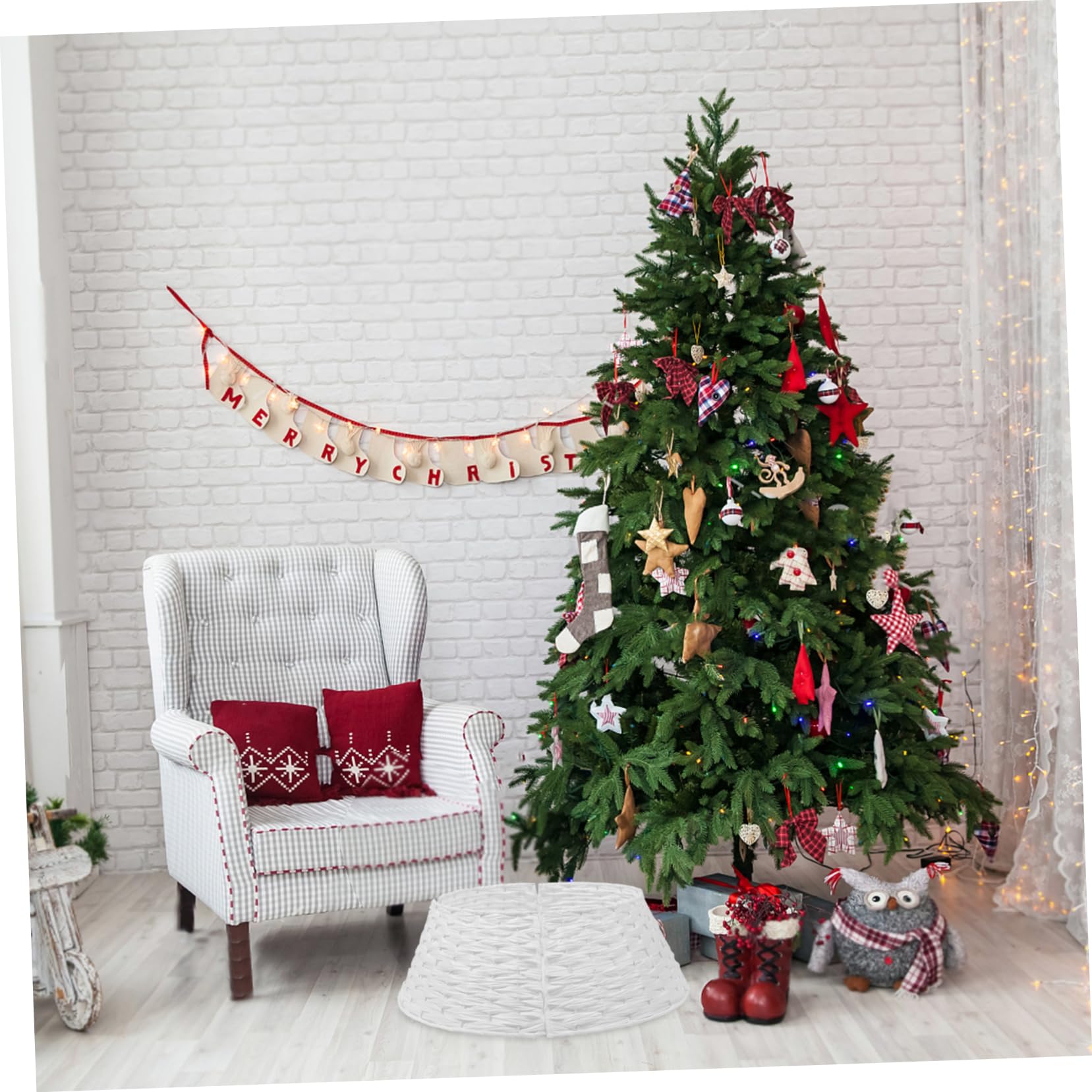 Gonna Per Albero Di Natale In Plastica Intrecciata - Collare Decorativo, Misura 60x40x17 Cm, Colore Bianco