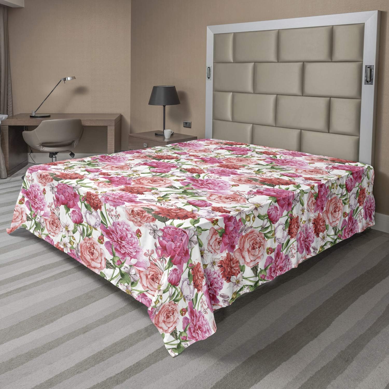 Ambesonne Watercolor Flat Sheet, Pink Peonies and Roses Green Leaves Exotic Gentle Bouquet Bridal Wedding Theme, Soft Comfortable Top Sheet Decorative Bedding 1 Piece, King Size, Pastel Pink