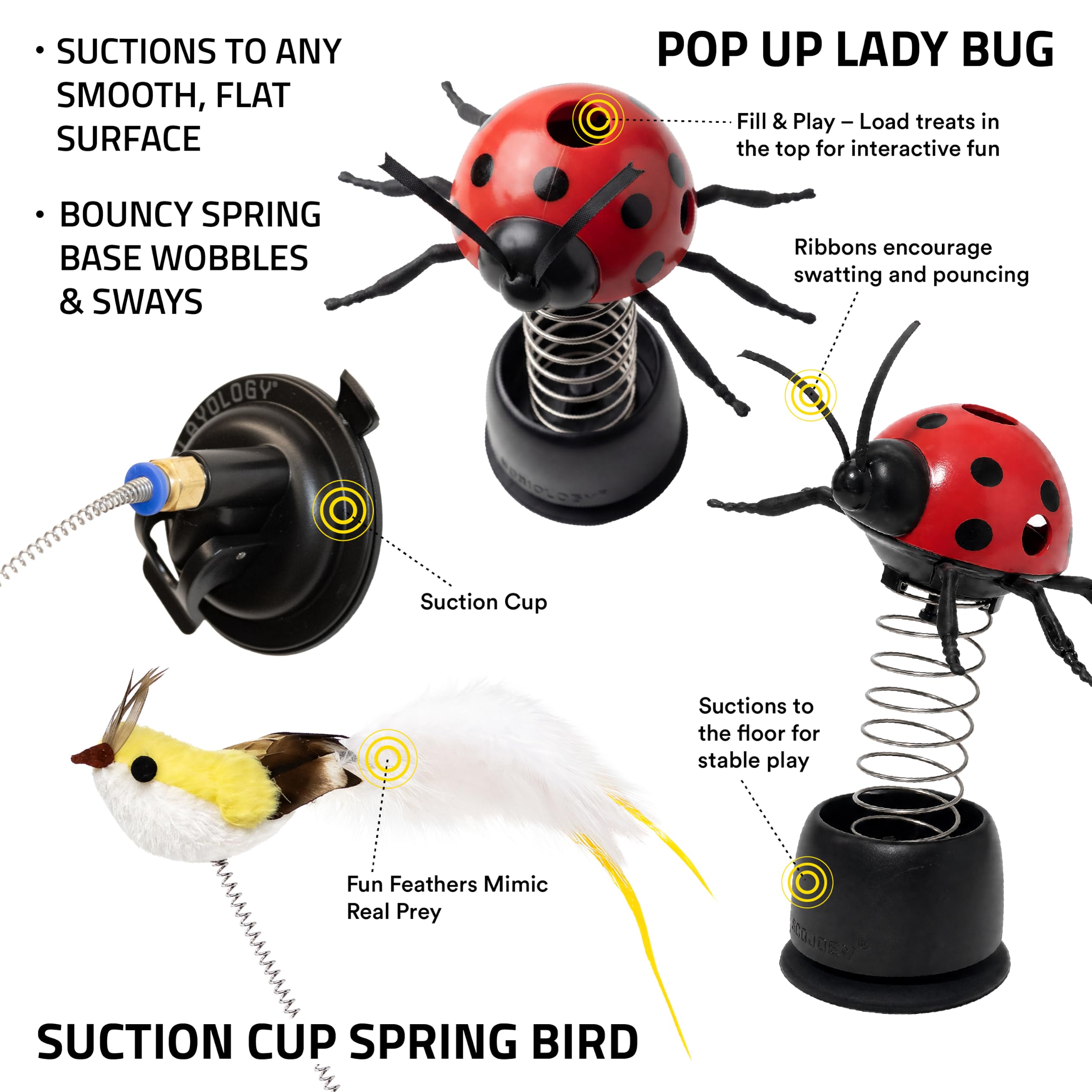 Playology Katzenspielzeug | Limited Edition Spielzeug - Saugnapf Springbird mit Federn & Pop-Up Marienkäfer-Leckerli | Interaktiver Spaß für Indoor-Katzen