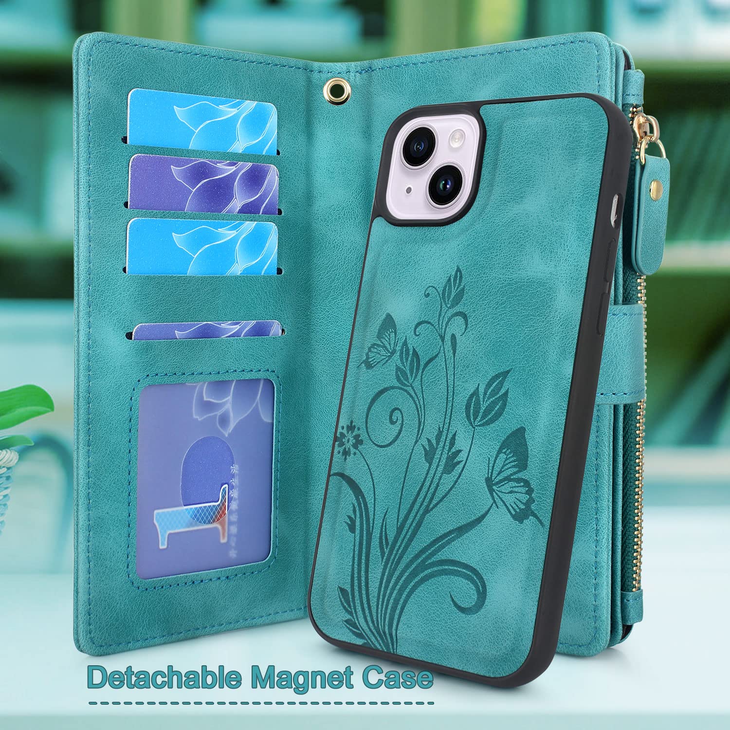 Lacass Compatible with iPhone 14 Plus 6.7 inch Case [ Card Slots] ID Credit Cash Holder Zipper Pocket Detachable Magnet Leather Wallet Cover with Wrist Strap Lanyard(Floral Blue Green)