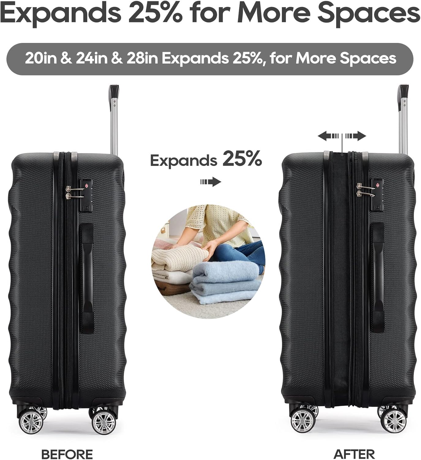 GinzaTravel 3-Piece PP Luggage Set with TSA Locks, Expandable, and Friction-Resistant in black - Includes 20", 24" & 28" Spinner Suitcases