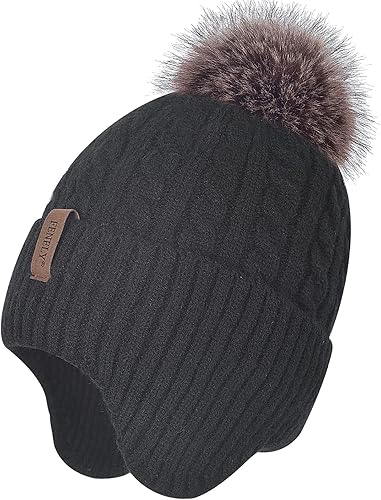 Gorro de punto con pompón para mujer, gorro de invierno cálido con forro polar para mujer