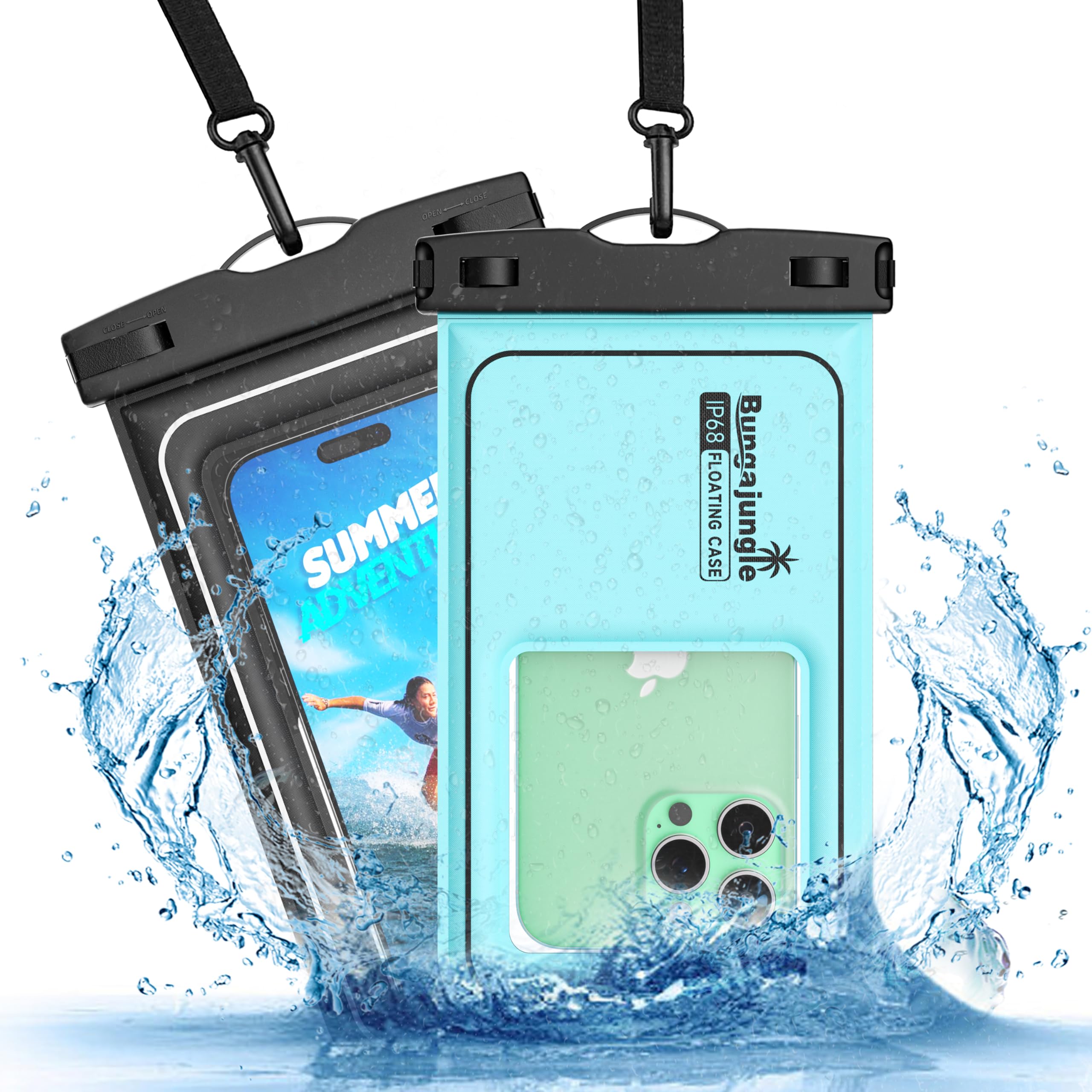 Bungajungle Waterproof Phone Pouch - 2 Pack IP68 Floating Waterproof Phone Case, Dry Bag Beach Cruise Essentials with Adjustable Lanyard for iPhone 16