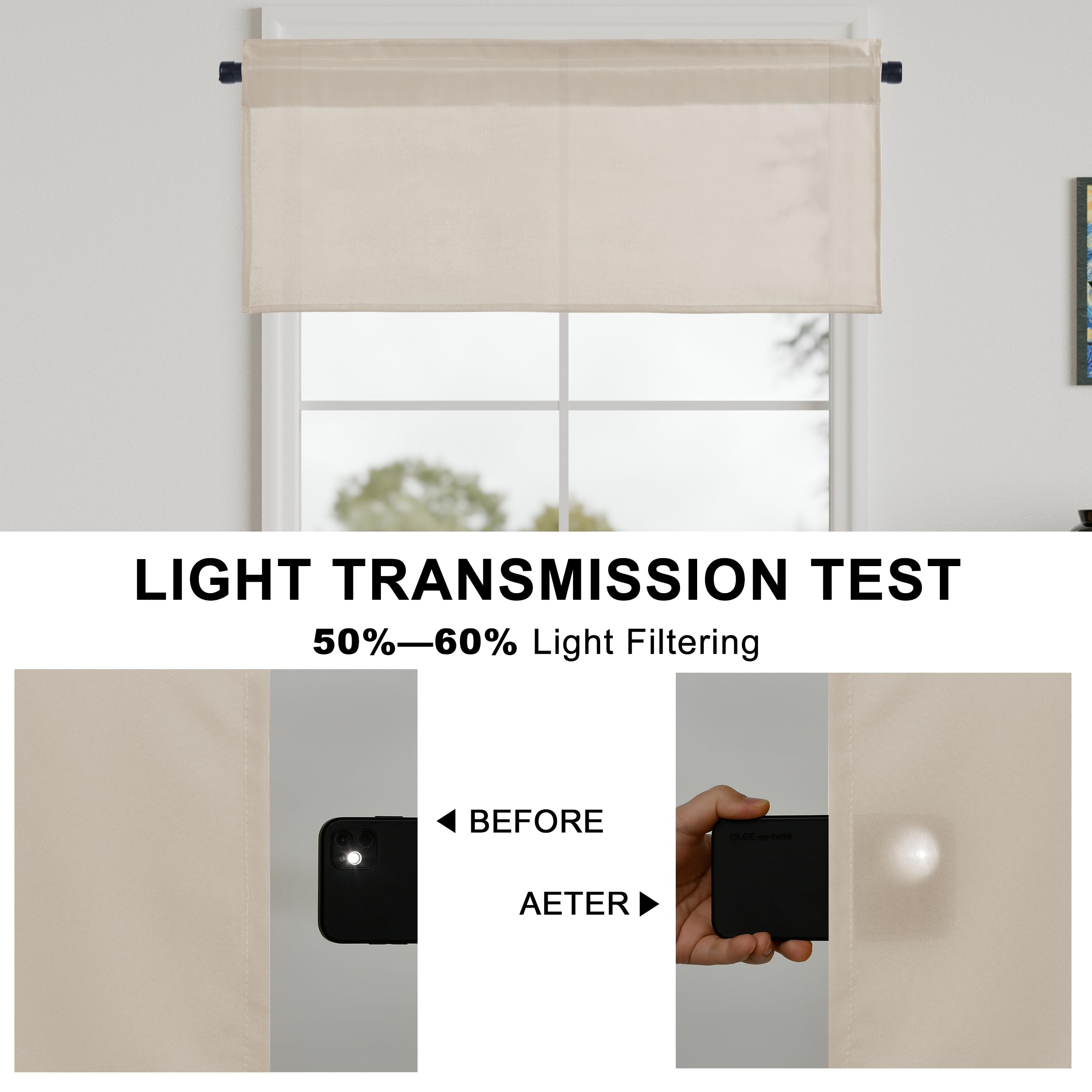 XWZO Cantonnières de Cuisine pour fenêtres, Salon, Chambre à Coucher, Salle de Bain, Style Rustique, Salle à Manger, Isolation Thermique, Passe-Tringle, 213,4 x 45,7 cm (l x L), Beige, 1 Panneau.