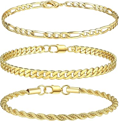 3Pcs Chain Bracelets for Men, 316L Stainless Steel Figaro Rope Cuban Link Bracelet for Men Women 14K Gold Plated/Silver Plated, Gifts for Dad Husband 6.5/7/7.5/8.3/9 Inches