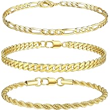 LOYALLOOK 3Pcs Chain Bracelets for Men, 316L Stainless Steel Figaro Rope Cuban Link Bracelet for Men Women 14K Gold Plated/Silver Plated, Gifts for Dad Husband 6.5/7/7.5/8.3/9 Inches