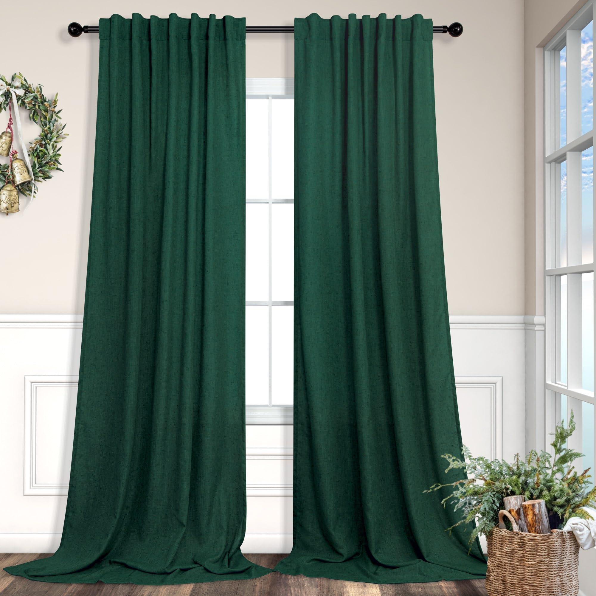 Dark Green Curtains 84 Inch Length for Bedroom 2 Panels Back Tab Pocket Hunter Green Drape Light Filtering Semi Sheer Linen Forest Emerald Green Curtain for Living Room Boho Christmas Decor 52x84 Long