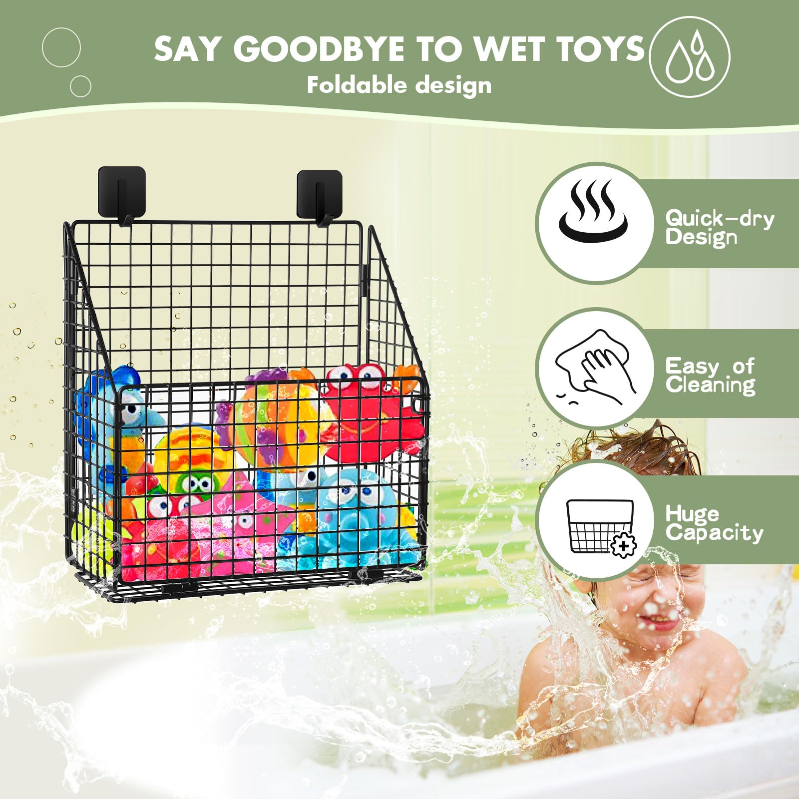 2 Pack Bath Toy Storage Organizer Basket, Large Metal Foldable Bathtub Shower Organizer, Wall Mounted Hanging Shower Basket - Image 3
