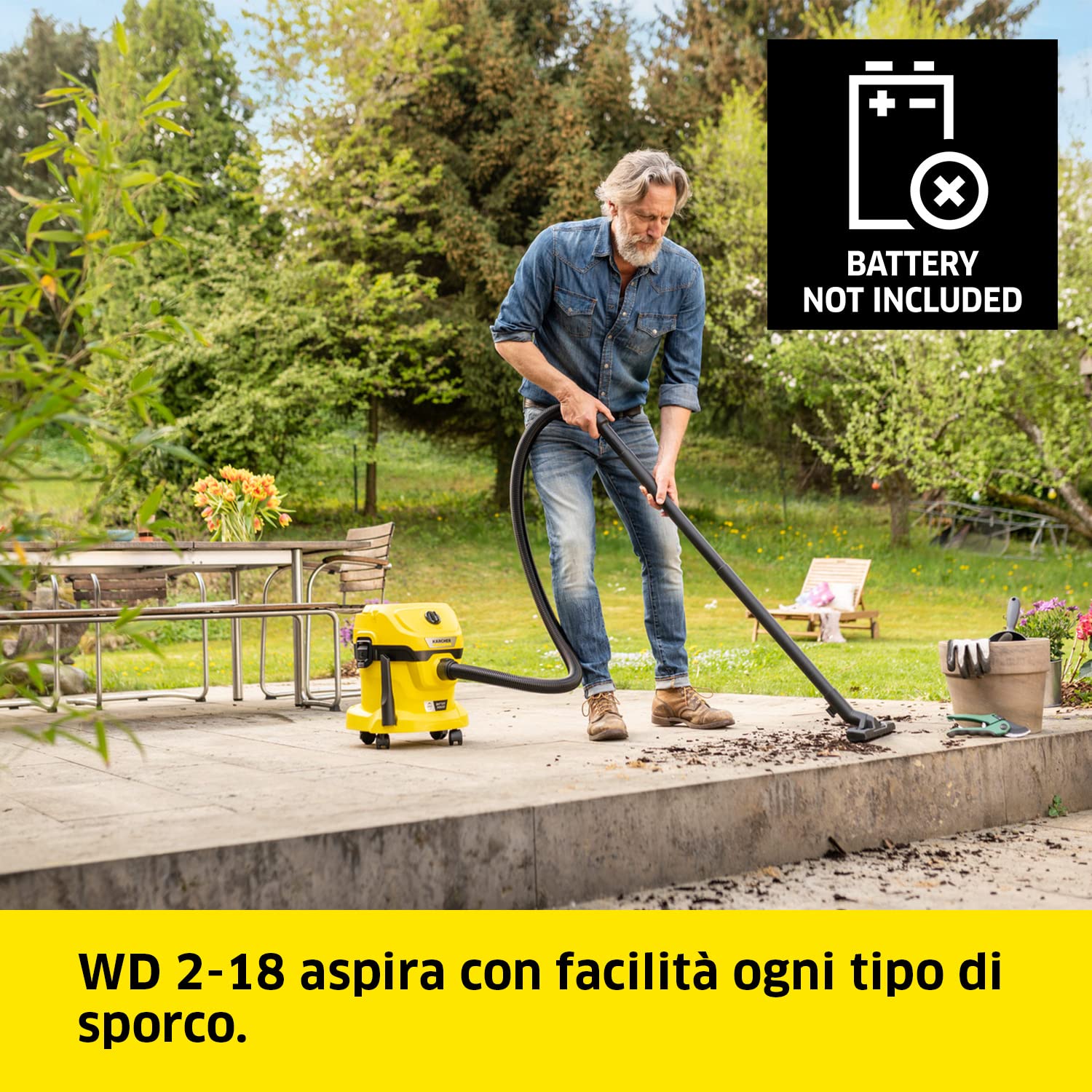 KÄRCHER aspiratore solidi liquidi a batteria WD 2-18 V-12/18, filtro, tubo di aspirazione: 1,8m, contenitore in plastica: 12 l, funz. soffiante, utilizzabile con batteria 18V non inclusa