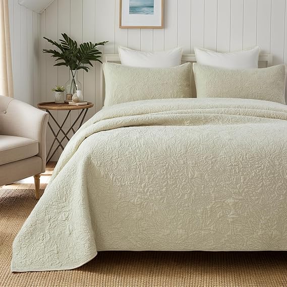 Brandream Luxury Botanical Cotton Quilt Set Queen Size Handcrafted Floral Vine Stitching, Sculpted Texture Design in Soft Beige, Premium Heirloom Bedding Set 3-Piece
