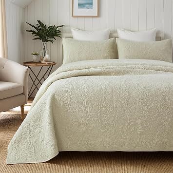 Brandream Luxury Botanical Cotton Quilt Set Queen Size Handcrafted Floral Vine Stitching, Sculpted Texture Design in Soft Beige, Premium Heirloom Bedding Set 3-Piece