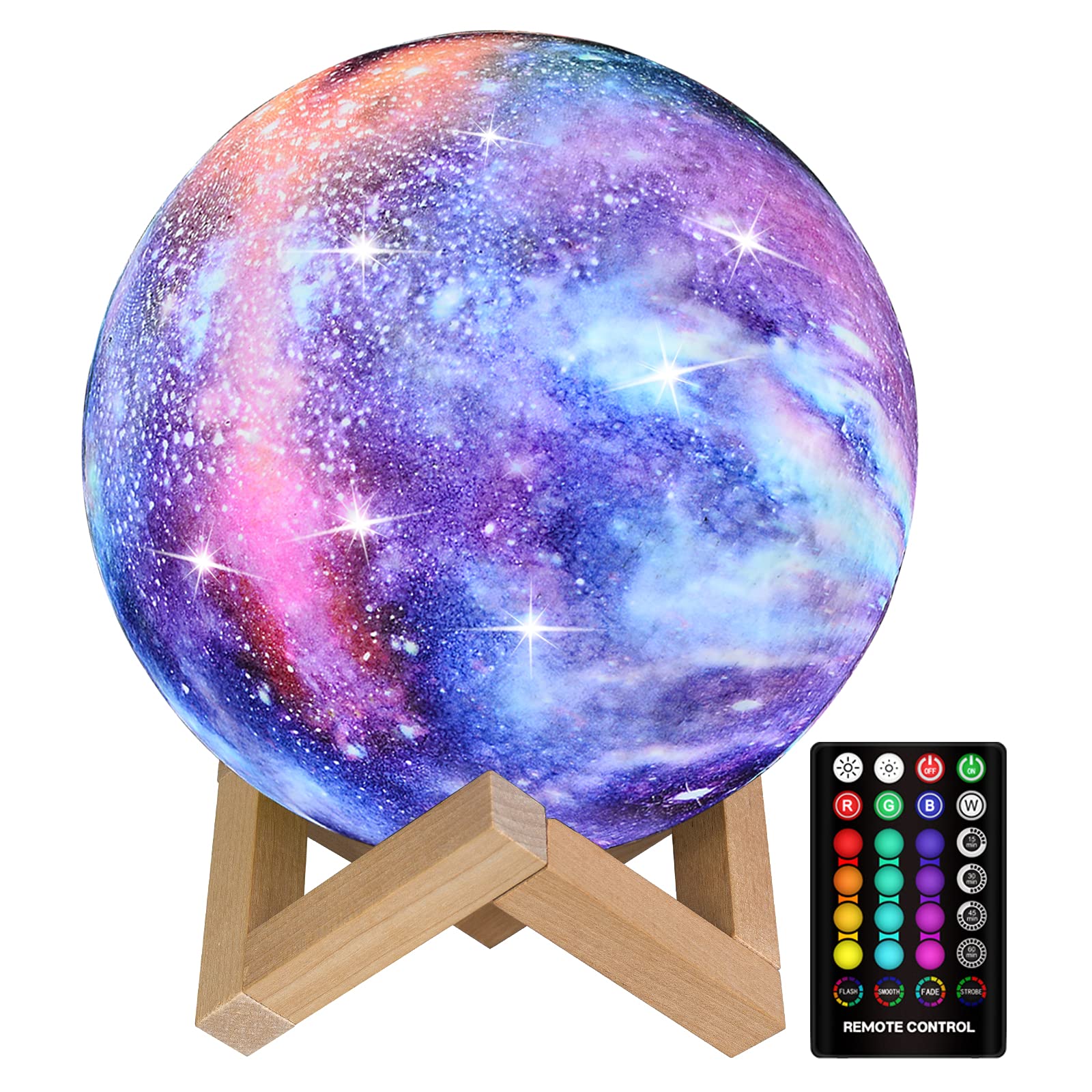 GDPETSMoon Lamp Kids Night Light, Galaxy Lamp 16 Colors 3D Star Moon Light with Wood Stand, Remote & Touch Control USB Rechargeable Gift for Girls Lover Birthday (7.3 inch)