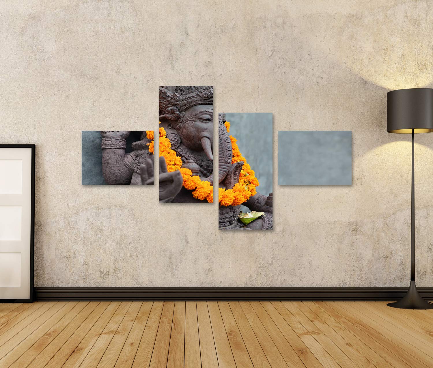 islandburner Quadro su tela Ganesha con maschere balinesi Barong seduto davanti al tempio decorato per il festival religioso di Or Stampe Arte Poster Murale