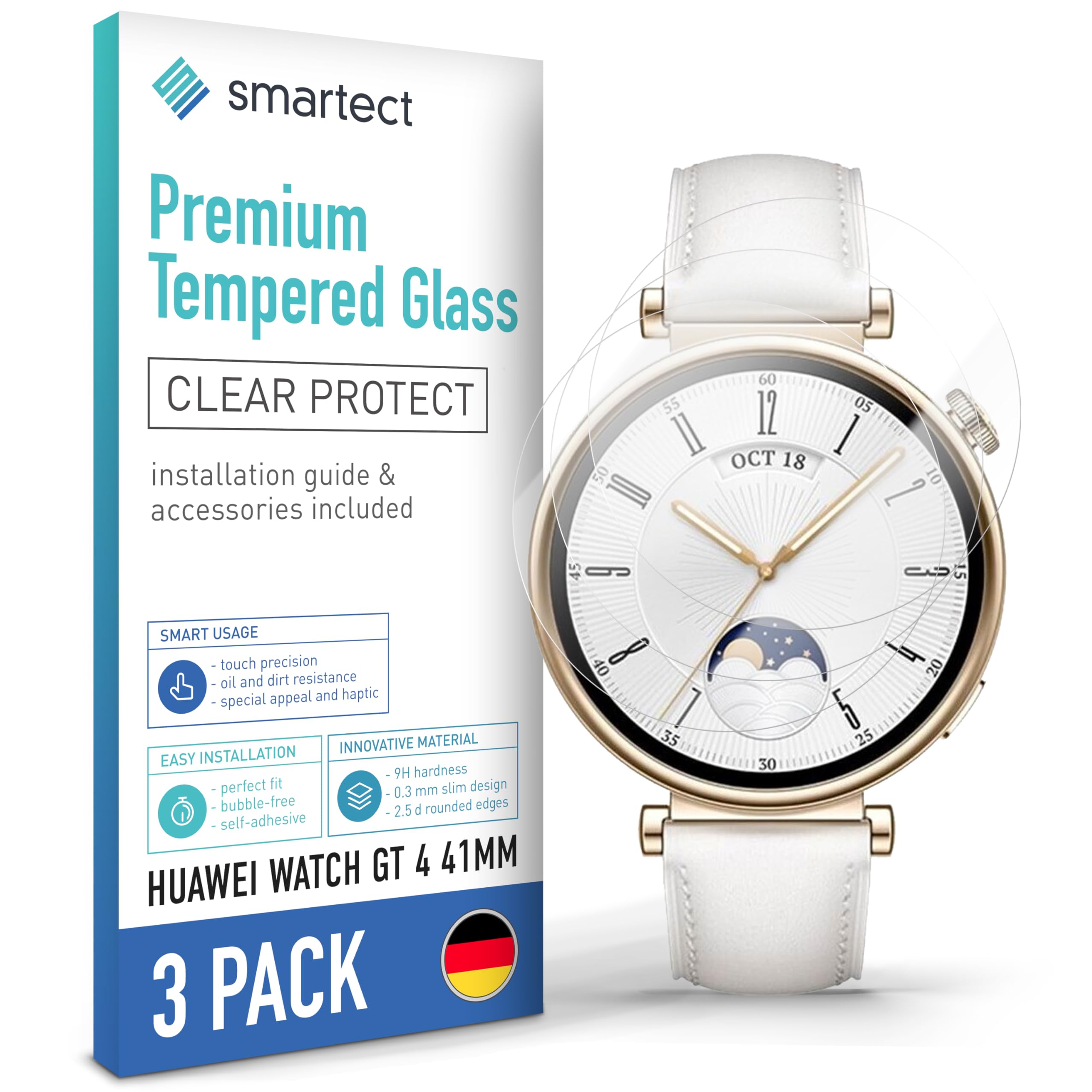smartect Szkło Hartowane [3 Sztuki, Clear] dla Huawei Watch GT 4 41mm, Szklana Ochrona Ekranu 9H, Ochraniacz Ekranu bez Pęcherzyków, Bez Odcisków palców
