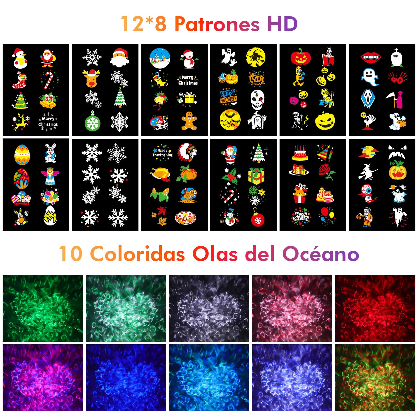 Proyector Navidad y Halloween Exterior Interior, LED Luces de Proyector 96 Patrones & 10 Ondas de Agua Luces Navidad con Control Remoto Impermeable Lámpara de Proyección para Fiestas