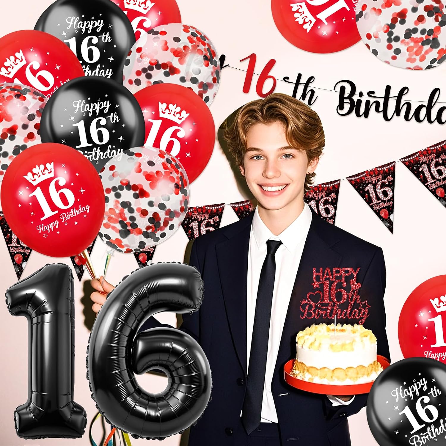 16th Birthday Decorations for Boys - 22Pcs Red Black Happy 16th Birthday Decor with Hanging Banner, Number 16 Balloons, Triangle Flag and Cake Topper for Teenager Sweet Sixteen Party Supplies