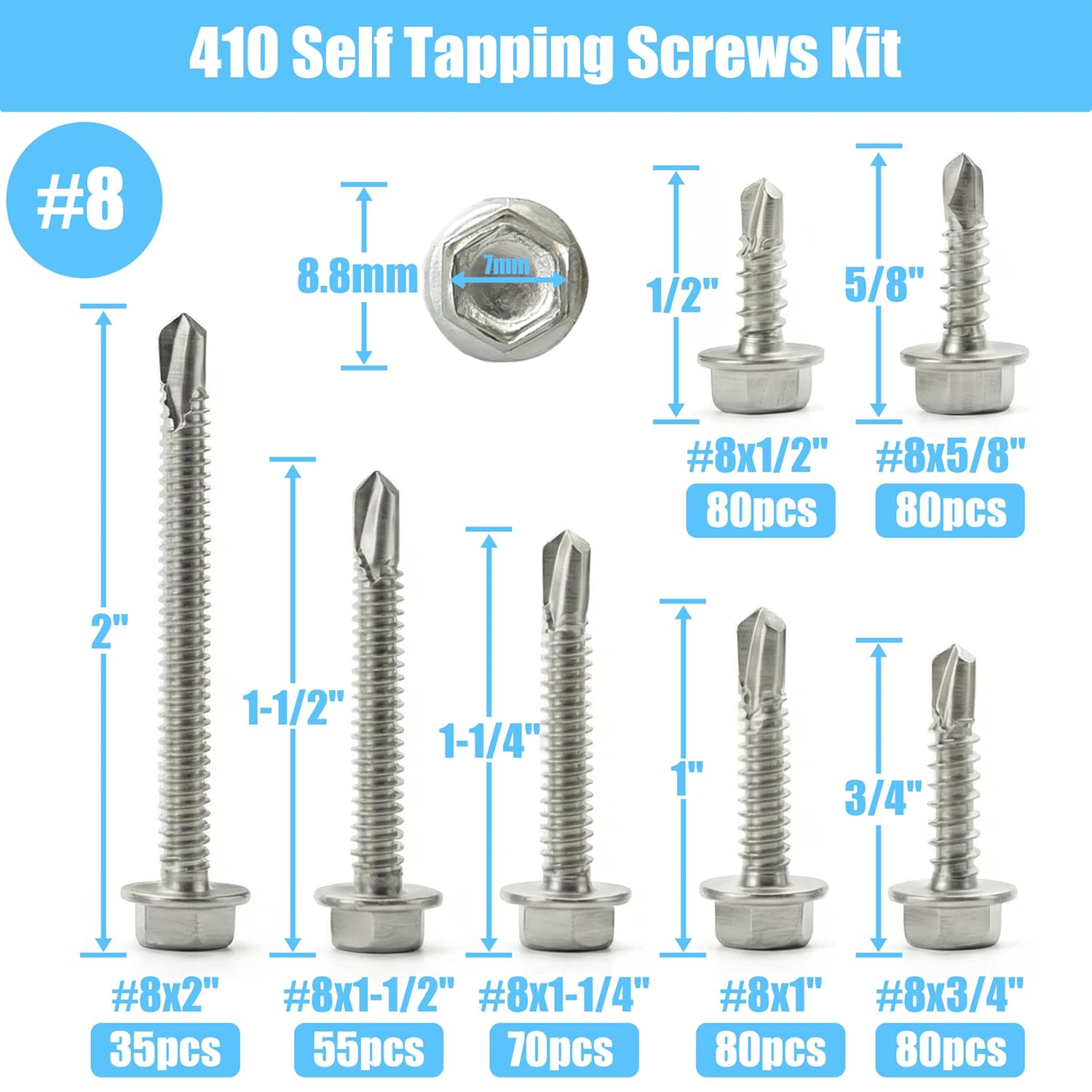 480pcs #8 Self-Tapping Screws for Metal, Wood, Plastic - 7 Size Kit 410 Stainless Steel Sheet Metal Screws Truss Head Self Tapping Screws Set, Length 1/2" to 2"