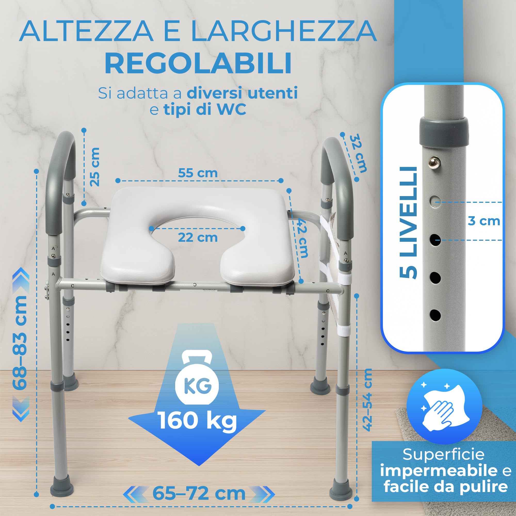 Rialzo WC per Anziani - Comoda WC per Anziani, Alzata per WC Regolabile, Seduta Ergonomica e Sicura, alzawater per protesi anca, rialzo per wc, alza water, Materiale Robusto