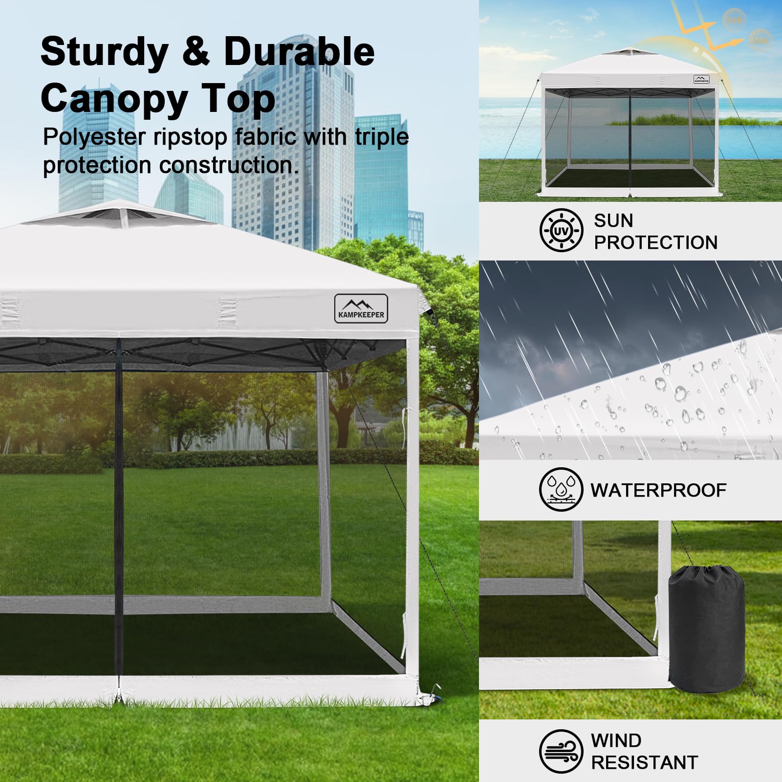 Toldo desplegable de 10 x 10 pies con mosquitera, tienda de campaña instantánea para exteriores, para eventos, patio, campamento, picnic, cenador con 4 sacos de arena, 1 bolsa con ruedas 4
