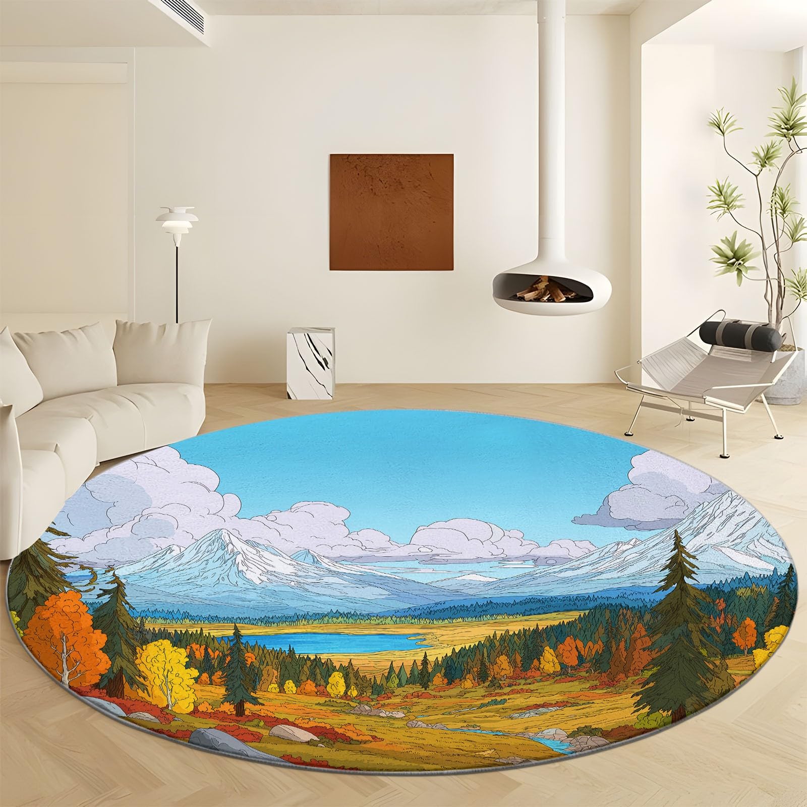 Tapis bleu salon rond 180 cm motif forêt naturelle à poil ras