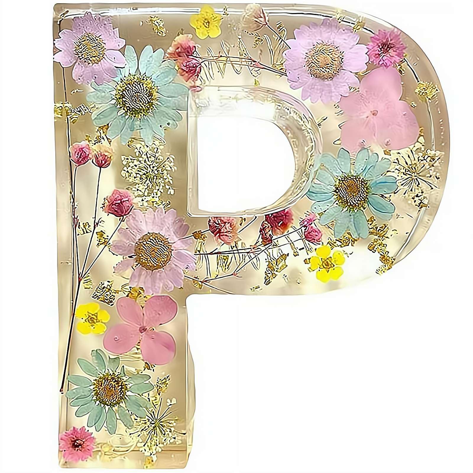 Floral Resin Night Light, Pressed Flower Resin Big Letters with LED Lights, DIY Handmade Creative Letter Flowers Lamp, Personalized Dry Flower Name Night Light (P)