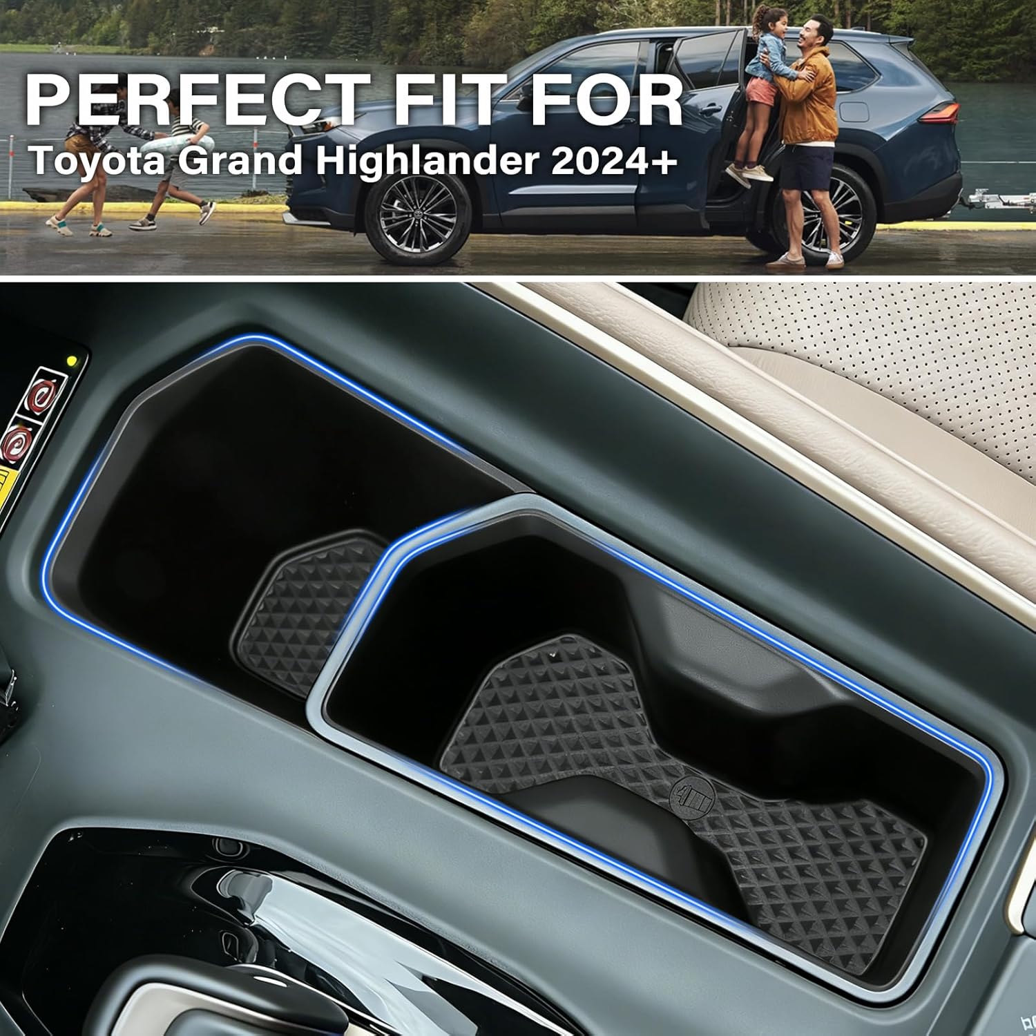 2-Pack Cup Holder Inserts for 2024 2025 2026 Toyota Grand Highlander Accessories, Spill-Proof, Rattle-Free, Scratch-Resistant TPE Center Console Liners Protector