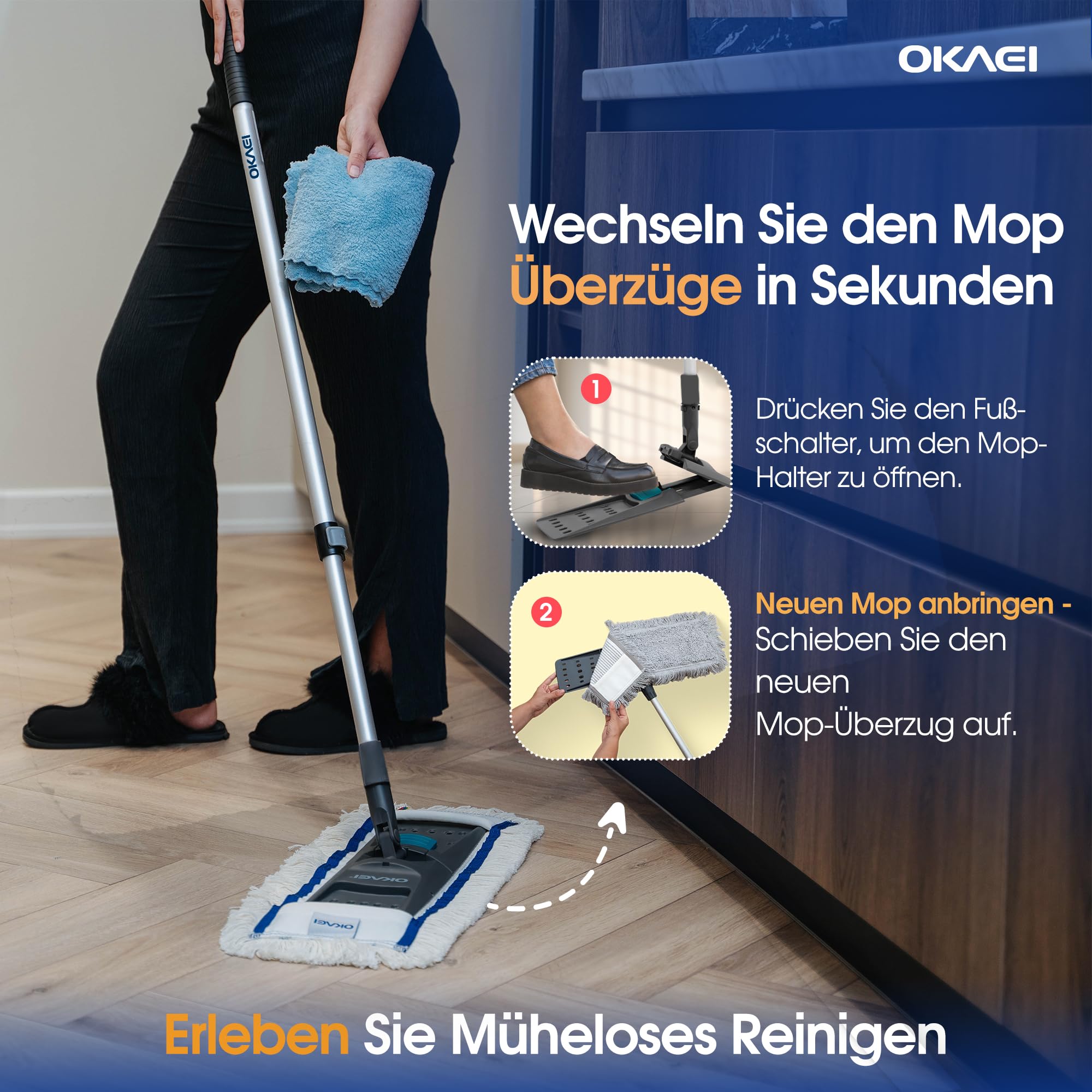 OKAEI Klapphalter für Wischmopps 50 cm – 10er Spar-Set für Profis – Industrie Mophalter mit 360° Drehkopf & Fußschalter – Bodenwischer Halter für große Flächen – robust & klappbar (grau/grün)