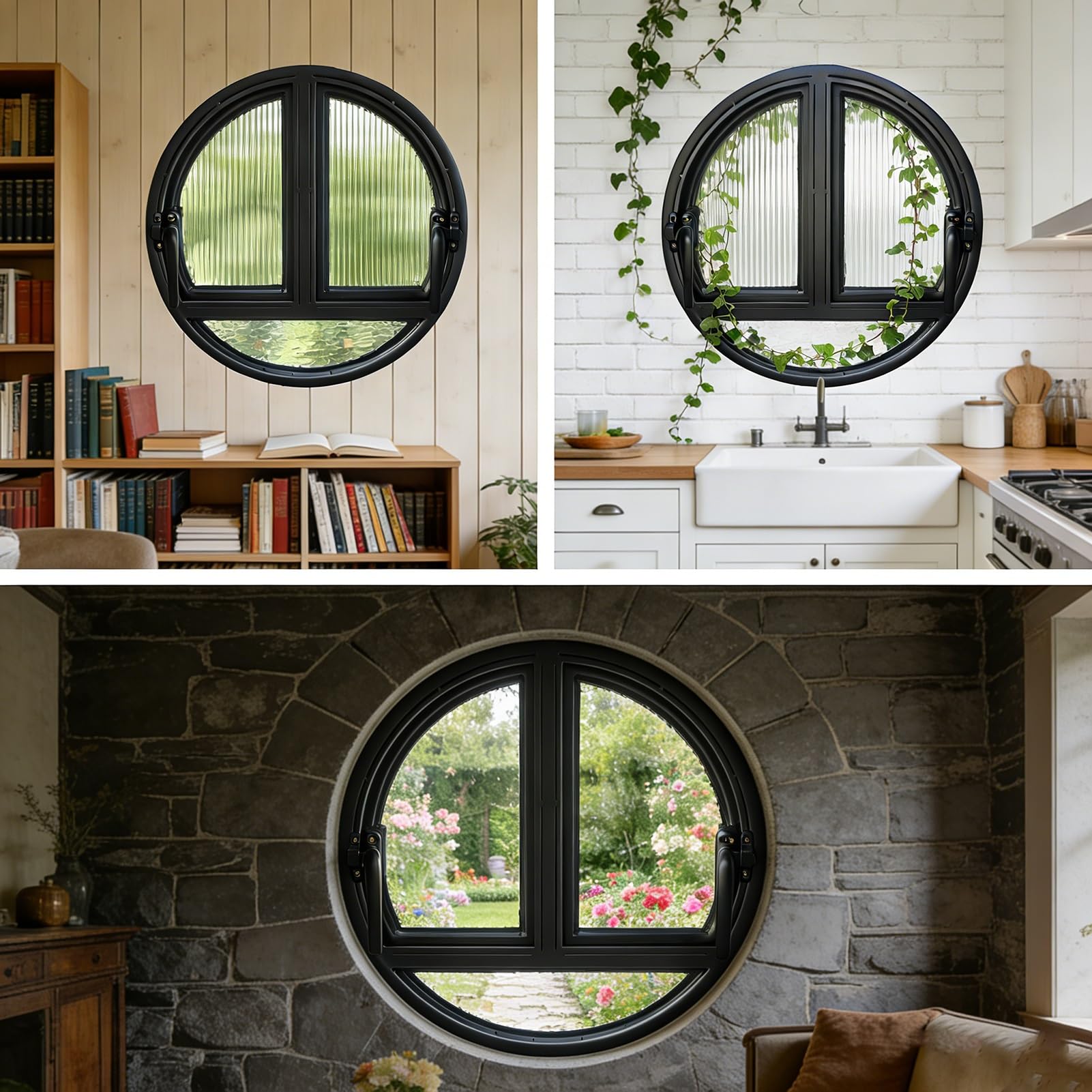 Ventana Ventana Abatible Redonda De Doble Apertura con Manija Bloqueable, Reemplazo De Ventana con Marco De Aluminio con Vidrio Templado, Personalizable(Black,137 cm/53.9 in)