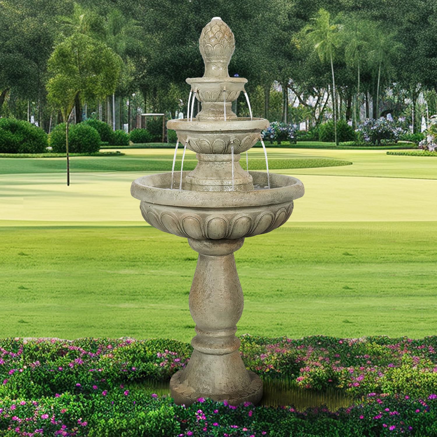 42.5" H Traditional Outdoor Water Fountain with Pineapple Finial – Classic Garden Décor with Flowing Cascade and Antique Stone Finish for Patios, Lawns, and Courtyards