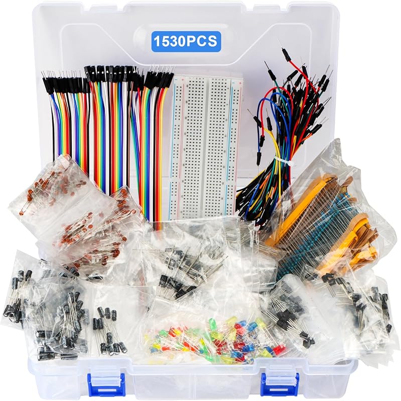 Kit de componentes electrónicos de 1530 piezas: juego básico de laboratorio electrónico Placa de pruebas 830, resistencias de película metálica, condensadores cerámicos y electrolíticos, LED, diodos, transistores, cables Dupont y puente