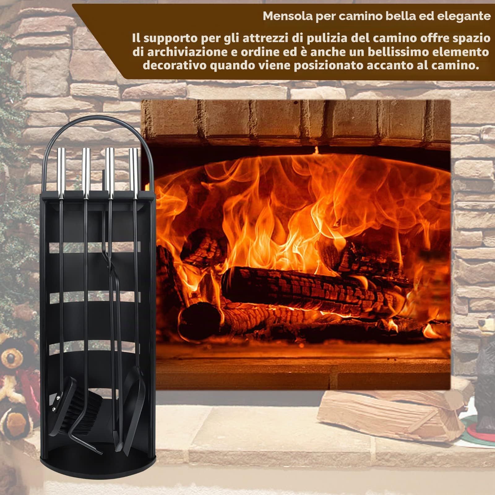 Froadp 5 pezzi Attrezzi per Camino in Acciaio Inossidabile Strumenti per Caminetti include Spazzole, Pinza, Ganci, Paletta e Supporto Stufa a Legna Set di Utensili Caminetto per Cucina Casa (Nero)