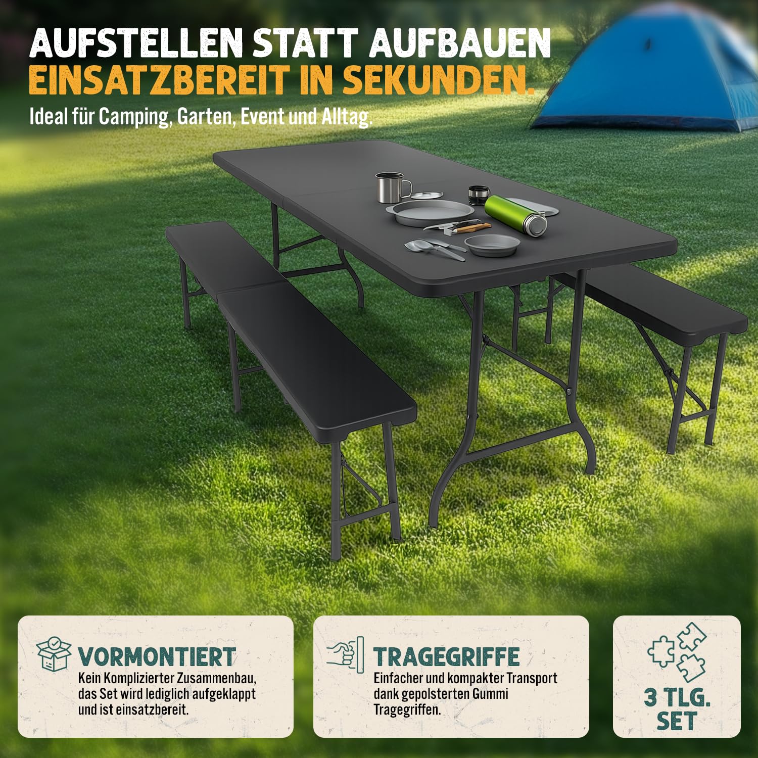 Devillo® Bierzeltgarnitur klappbar 3‑teilig – Tisch 180x74x72 cm + 2 Bänke 180x25x43 cm – Campingtisch, wetterfest & pflegeleicht, Anti‑Rutsch – mit Tragegriffen – für Camping, Garten – Anthrazit